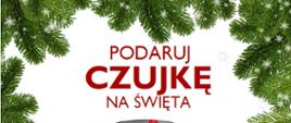 Plakat przedstawia w sposób graficzny i tekstowy do zakupu czujek tlenku węgla i dymu jako prezent świąteczny