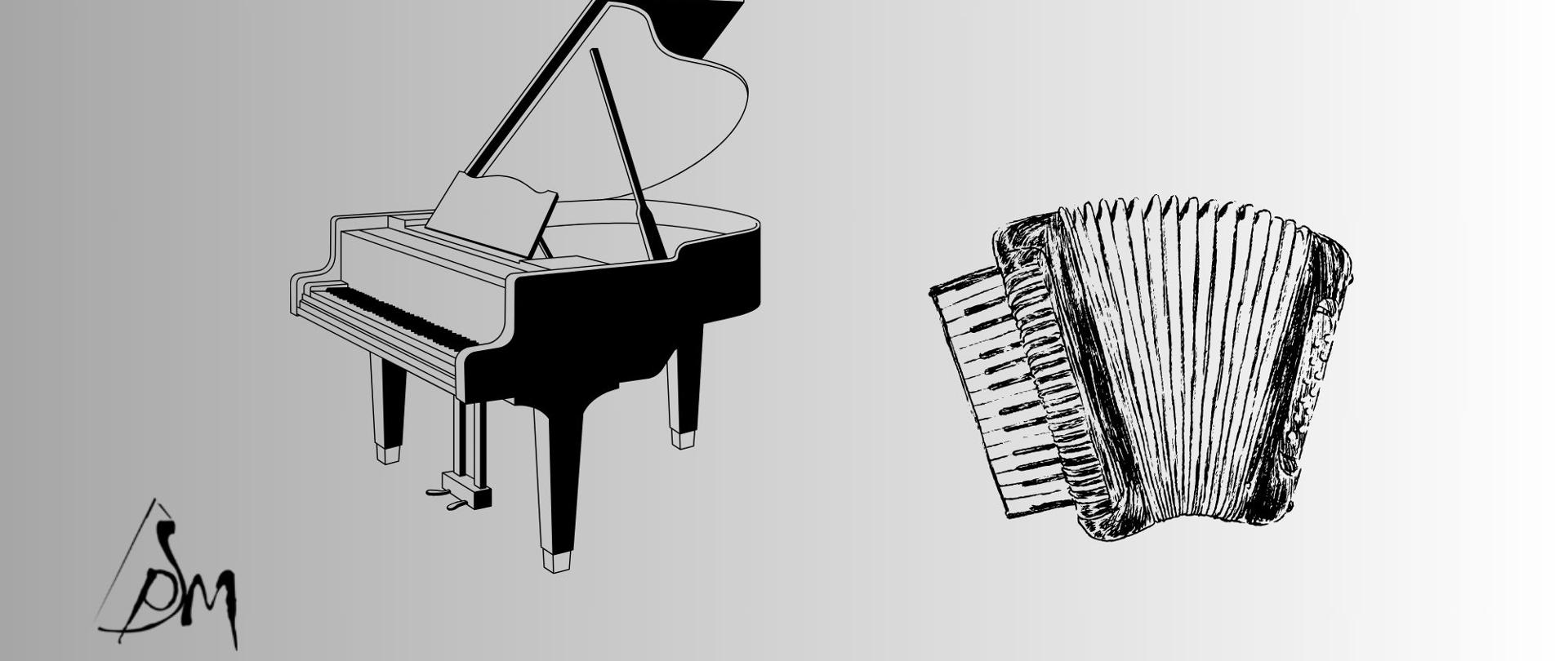 Na szarym tle grafika fortepianu i akordeonu. Czarnymi literkami napis popis uczniów klasy fortepianu i akordeonu. Na dole w lewym rogu logo szkoły.