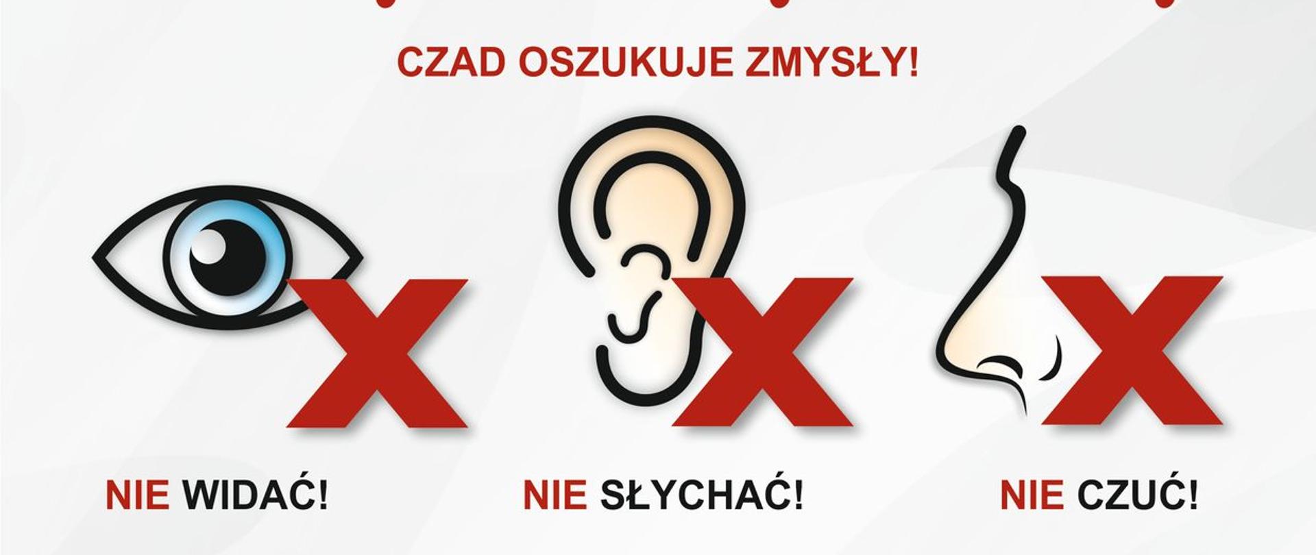 Zdjęcie przedstawia napisy informujące o tym, że czad czyli tlenek węgla oszukuje zmysły i jest bardzo groźny, w szczególności w domach oraz przedstawia graficzne obrazowanie tlenku węgla.
W tle białe tło zdjęcia.
