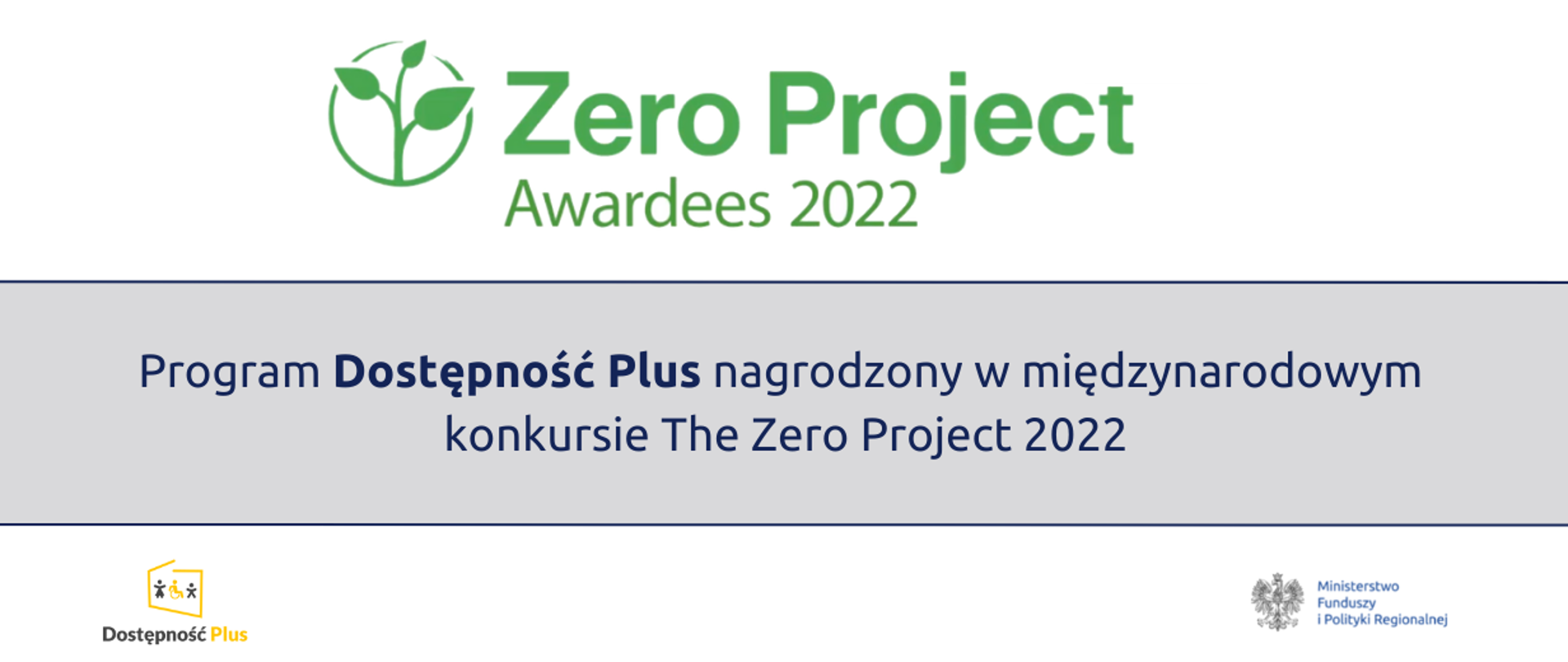 Program Dostępność Plus nagrodzony w międzynarodowym konkursie The Zero Project 2022. Poniżej logo Programu Dostępność Plus oraz MFiPR.