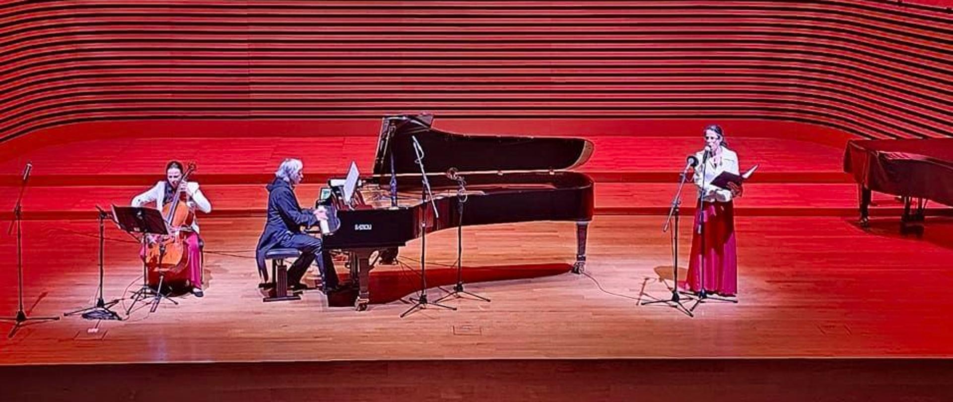 Na środku estrady sali koncertowej mężczyzna gra na fortepianie, po prawej stronie stoi kobieta i śpiewa, po lewej stronie kobieta siedzi na krześle i gra na wiolonczeli. Z przodu widać od tyłu widownię z publicznością.