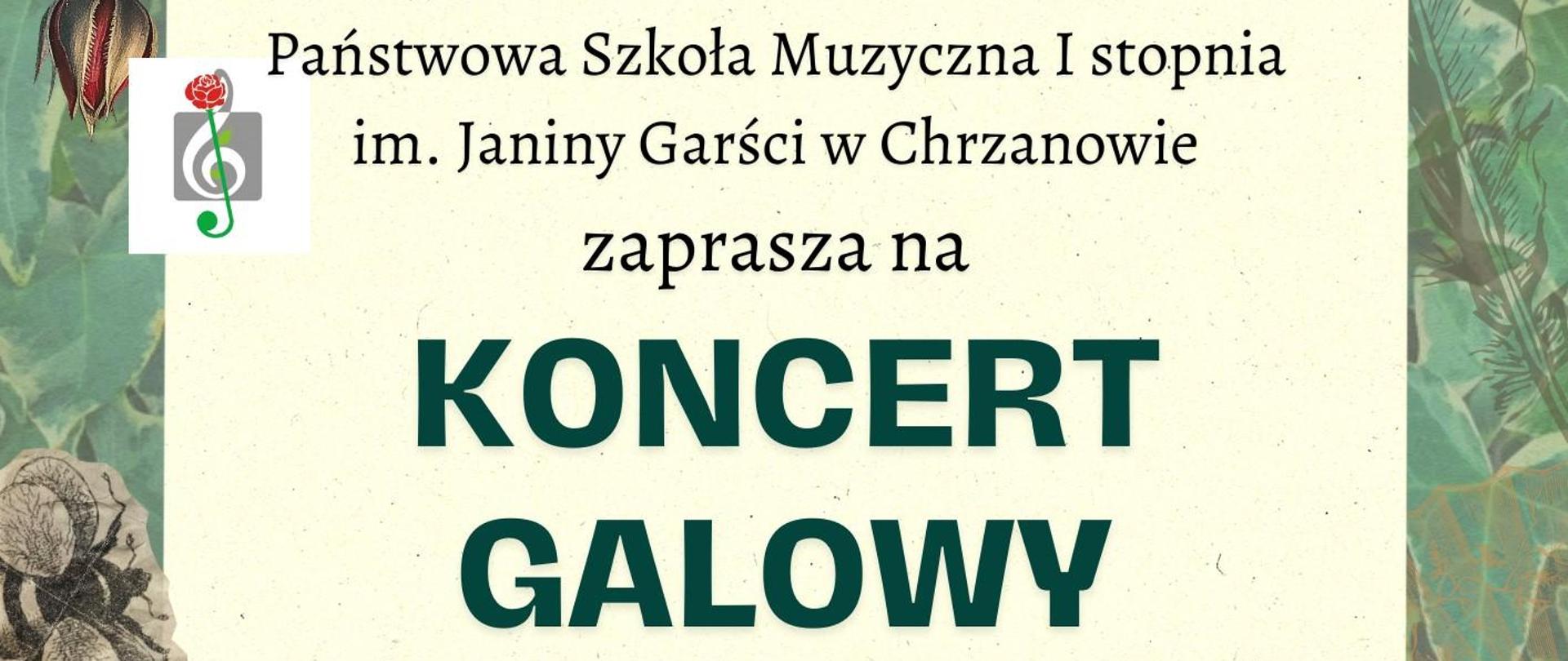 Afisz do Koncertu Galowego szkoły 18.06.2024 godz. 17.00 sala USC w Chrzanowie. Na środku napis informujący o wydarzeniu, na marginesach obrazki czerwonych róż na zielonym tle.