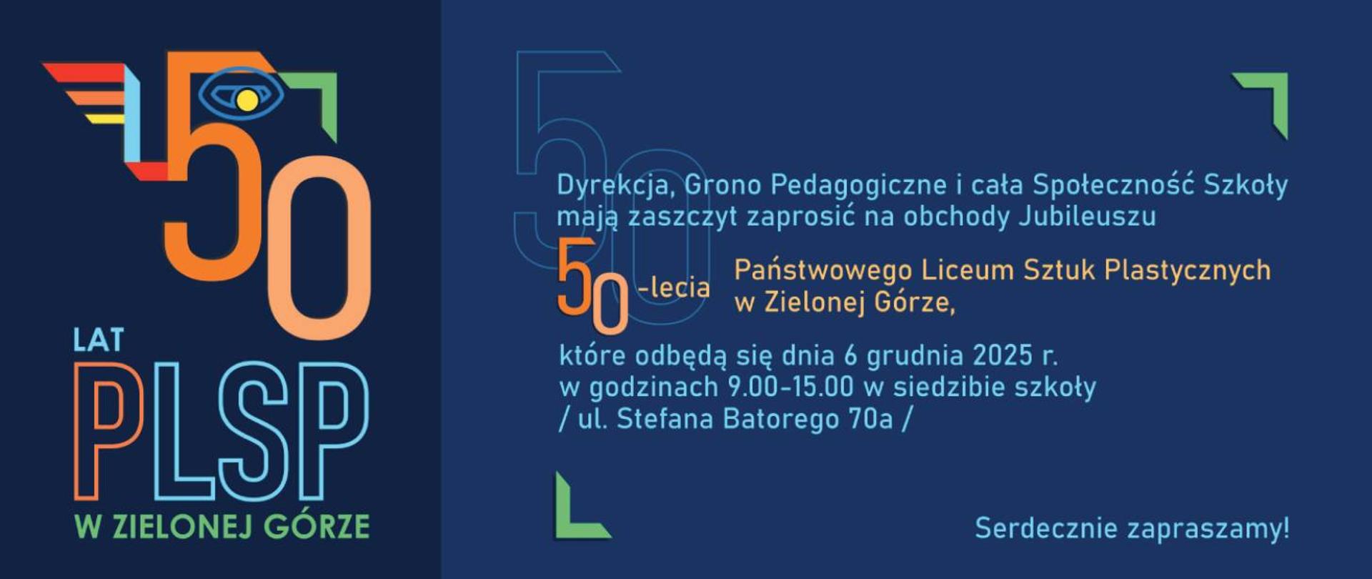 Na banerze po lewej stronie znajduje się jubileuszowe logo szkoły z napisem PLSP w zielonej górze. Po prawej stronie widnieje tekst zaproszenia na wydarzenie.