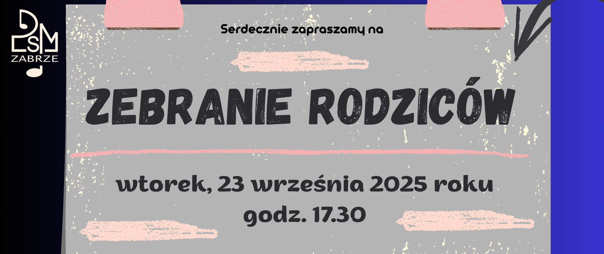 Na obrazku znajduje się plakat z informacją o zebraniu rodziców. Treść widnieje na szarej tablicy przypiętej różowymi klipsami, z napisem „ZEBRANIE RODZICÓW” oraz datą: wtorek, 23 września 2025 roku, godz. 17:30. Na dole umieszczono informację o miejscu spotkania – Sala Koncertowa.