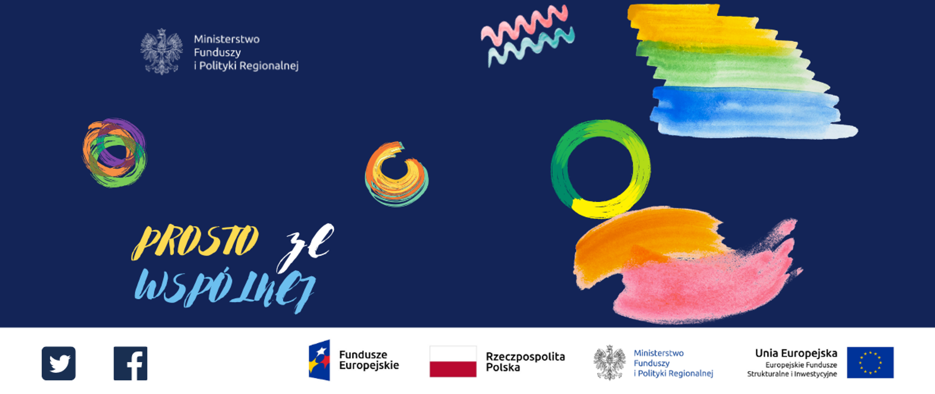 Napis: Prosto ze Wspólnej, na całej powierzchni kolorowe mazaje. Na dole ikonki Facebooka oraz Twittera, logotypy Funduszy Europejskich i Ministerstwa Funduszy i Polityki Regionalnej, flaga Polski.