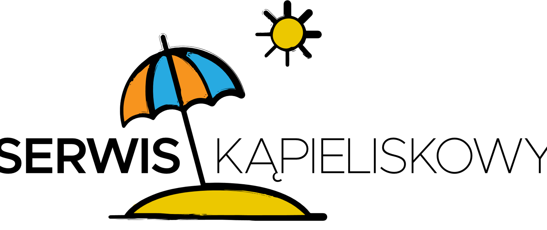 Grafika słońca oraz z parasola przeciwsłonecznego wbitego na małej żółtej wysepce umieszczonej na białym tle oraz napis "Serwis Kąpieliskowy" 