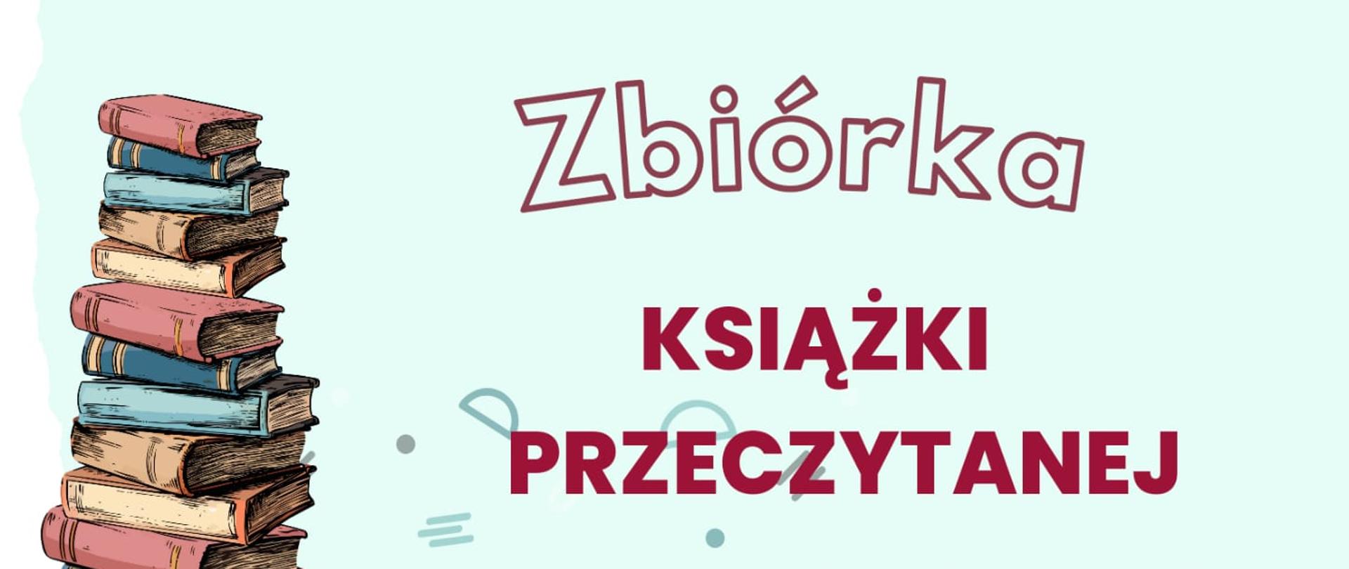 Plakat na kolorowym tle wraz z grafiką książek oraz informacją tekstową na temat zbiórki książek na koncert charytatywny do 19 marca 2024