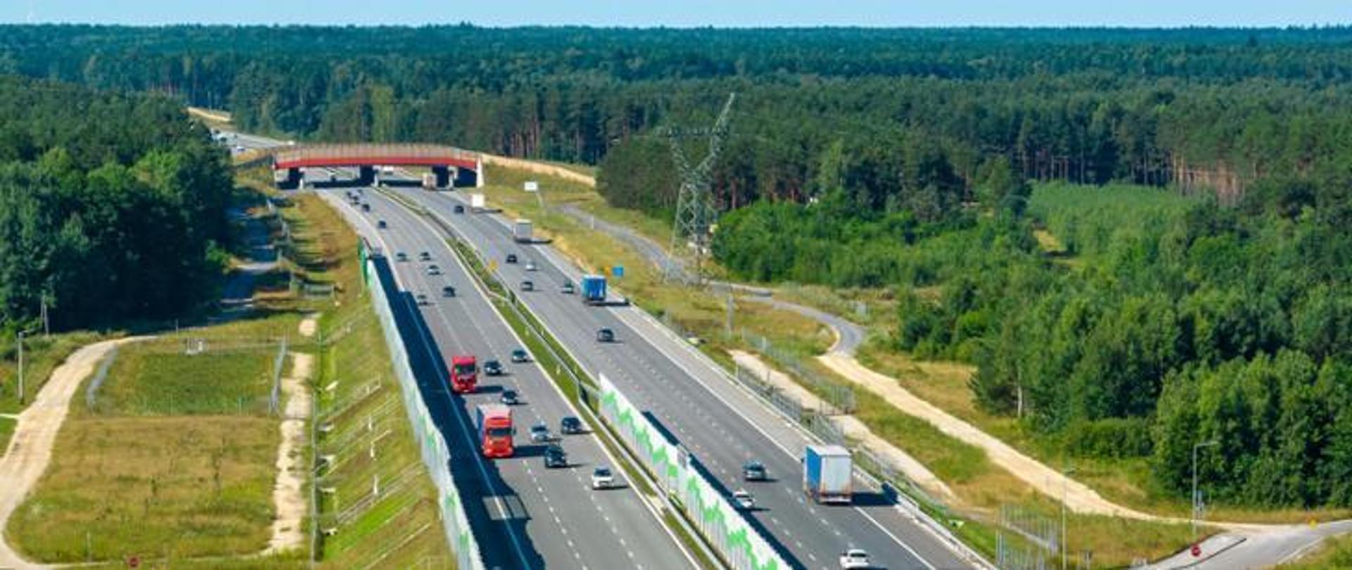 droga szybkiego ruchu, zdjęcie lotnicze, po obu stronach trasy las, w oddali przejście dla zwierząt