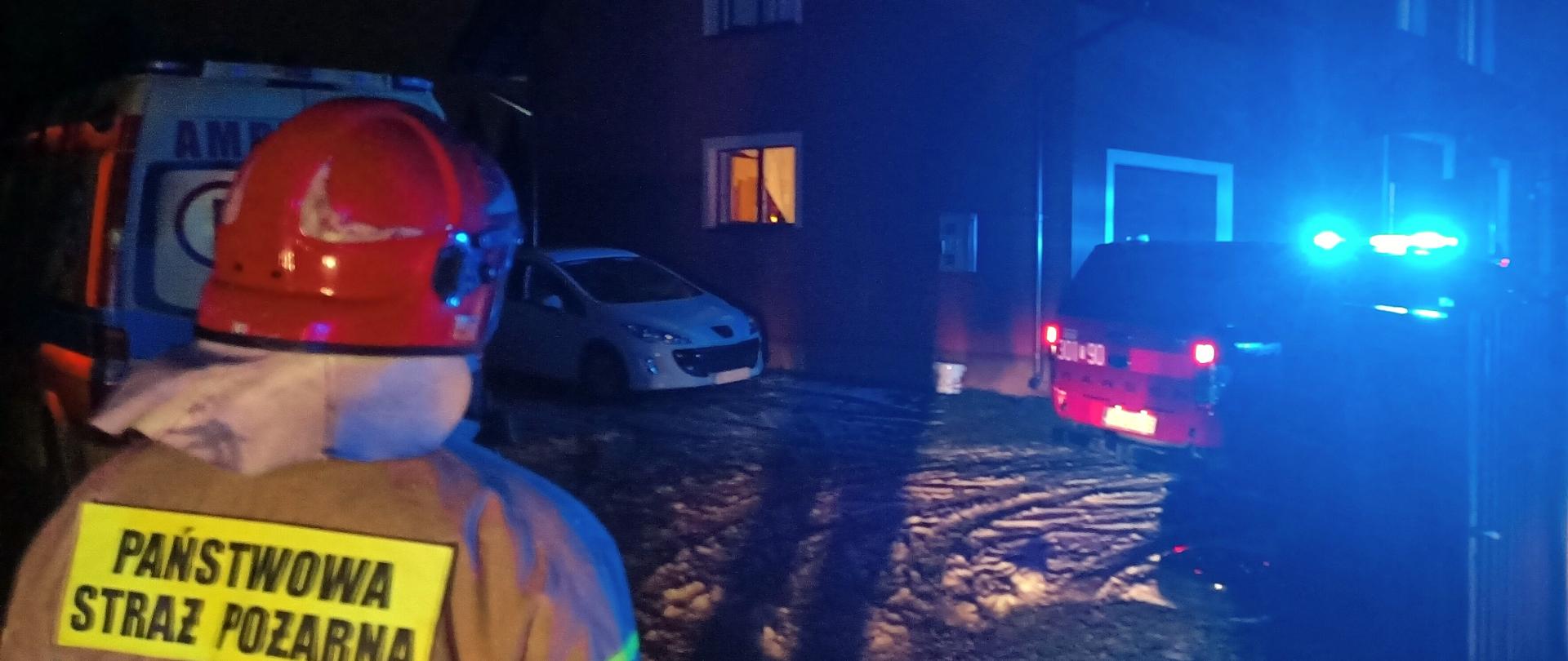 Na pierwszym planie znajduje się strażak odwrócony tyłem do kamery. W tle znajduje się dom w którym doszło do zatrucia tlenkiem węgla. Wszystko co widoczne jest na zdjęciu oświetlone jest niebieskim światłem samochodu strażackiego.
