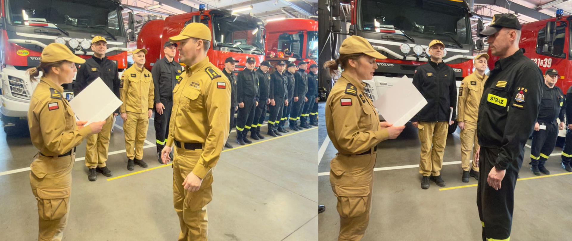 baner z dwóch zdjęć
na prawym zdjęciu przedstawiona jest zbiórka strażaków wewnątrz garażu komendy.Na pierwszym planie po lewej stronie stoi kobieta-oficer w piaskowym mundurze służbowym i czapce z daszkiem, która odczytuje treść dokumentu z białej kartki. Naprzeciw niej, w postawie zasadniczej, stoi strażak w czarnym mundurze z napisem „STRAŻ” oraz emblematem „JRG STARGARD” na ramieniu. W tle widać rządy strażaków stojących w równej linii, ubranych w mundury piaskowe oraz czarne koszarowe. Za nimi zaparkowane są dwa duże, czerwone wozy gaśnicze.
Na lewym zdjęciu przedstawiona jest ceremonia w garażu strażnicy Państwowej Straży Pożarnej, z czerwonymi wozami strażackimi w tle. Dwóch strażaków w piaskowych mundurach służbowych PSP stoi naprzeciwko siebie; jeden trzyma dokument. W tle widać grupę około 10-15 strażaków w identycznych uniformach ustawionych w dwóch rzędach.