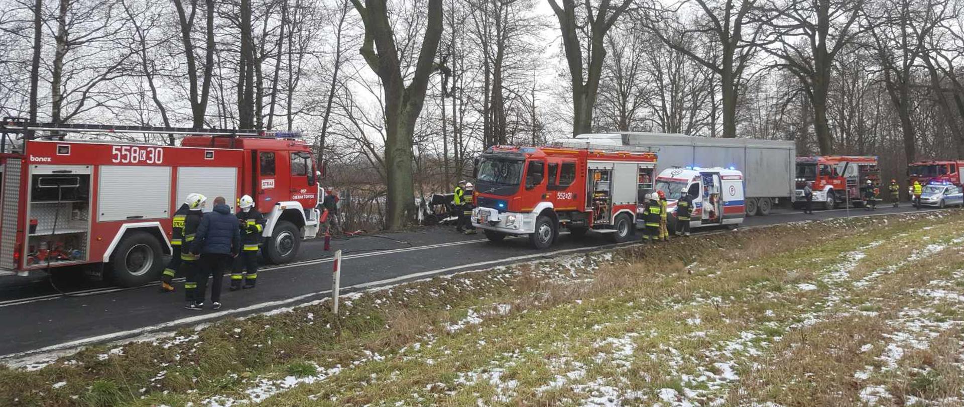 Widok na drogę asfaltową. Na jezdni widoczne cztery samochody strażackie, karetka oraz radiowóz. Na środku na drugim planie widoczny wrak białego samochodu wbity w drzewo. Brakuje części karoserii. Na drodze widoczni strażacy, policjanci oraz świadkowie zdarzenia.