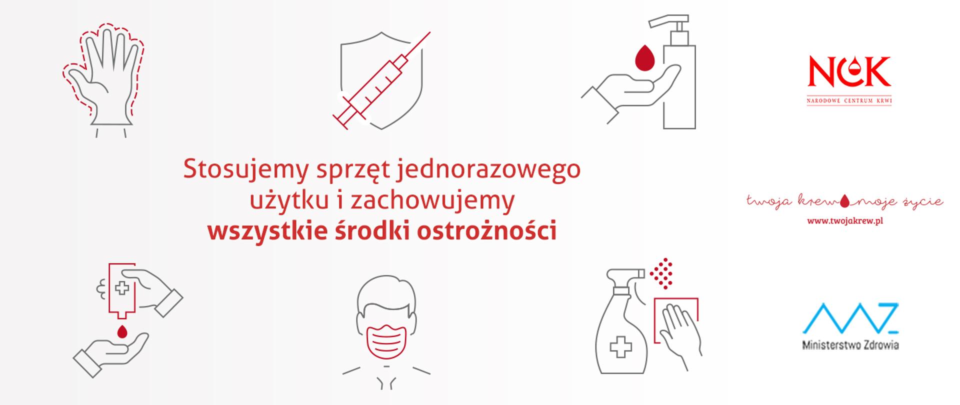 infografika przedstawiająca informację o zachowywaniu wszelkich środków ostrożności podczas pobierania krwi w Centrach Krwiodawstwa i Krwiolecznictwa