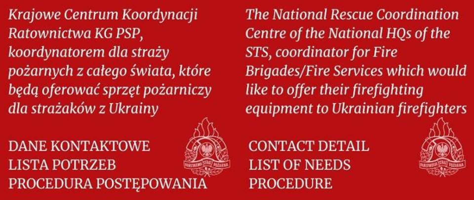 Czerwona grafika a na niej po lewej stronie białe napisy: "Krajowe Centrum Koordynacji Ratownictwa KG PSP, koordynatorem dla straży pożarnych z całego świata, które będą oferować sprzęt pożarniczy dla strażaków z Ukrainy. DANE KONTAKTOWE, LISTA POTRZEB, PROCEDURA POSTĘPOWANIA". Po prawej stronie ten sam napis ale w języku angielskim