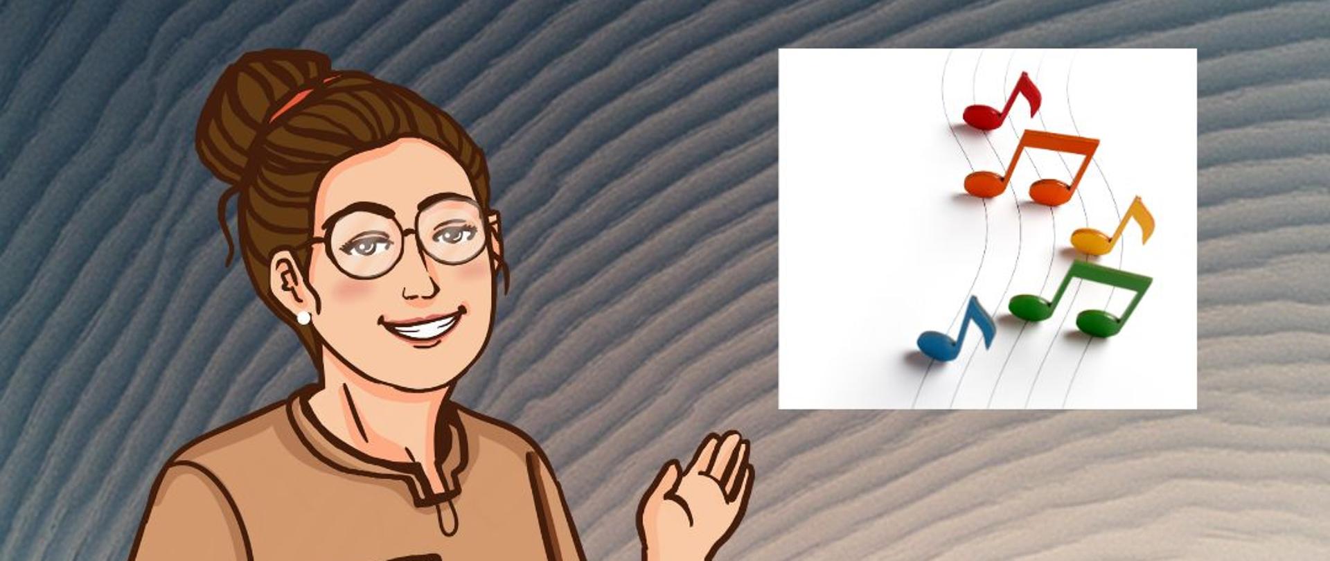 Szare prążkowane tło na plakacie, kolorowe nuty oraz grafika kobiety w koku i z zeszytem w ręku. Na środku czarne litery (napis informacyjny).