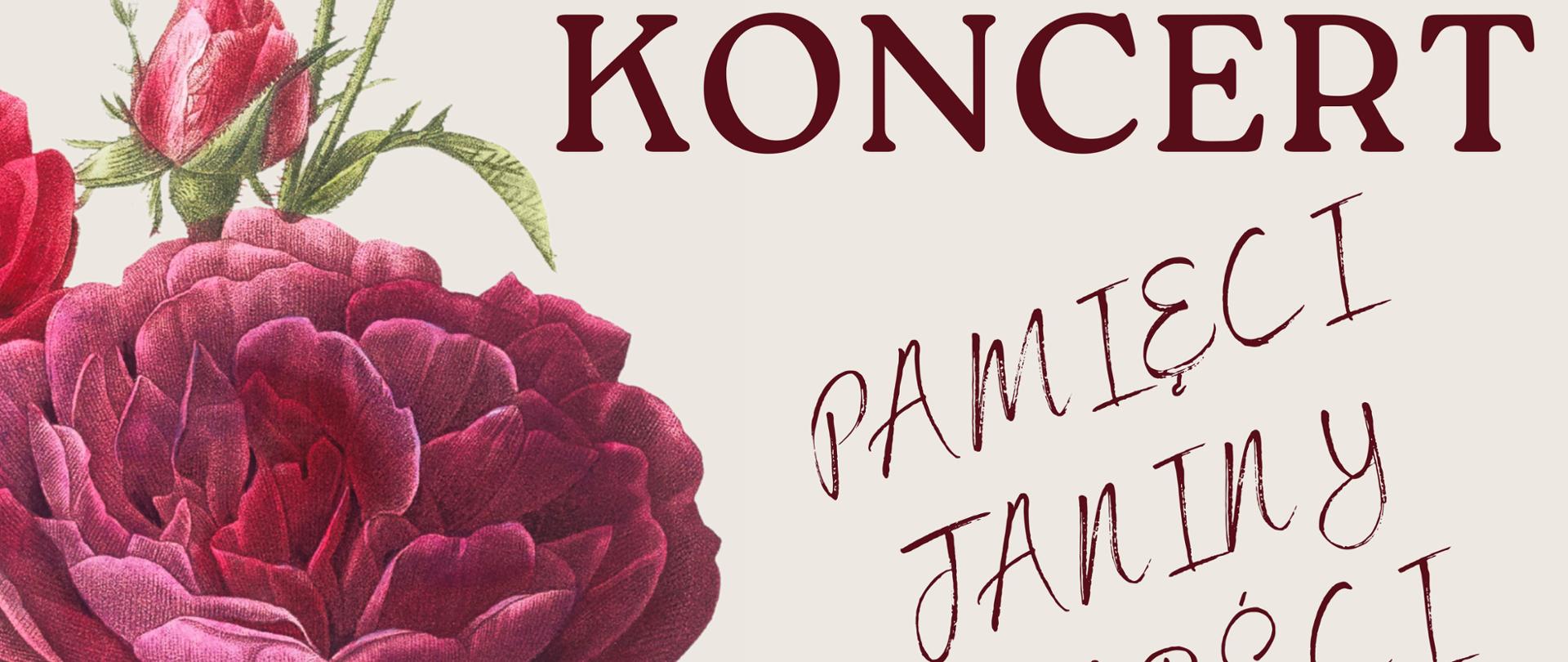 Afisz na Koncert pamięci J. Garści, 24.03.2025 godz. 17.00 sala koncertowa. Na jasnym tle napis informacyjny, z prawej strony obrazek róży.