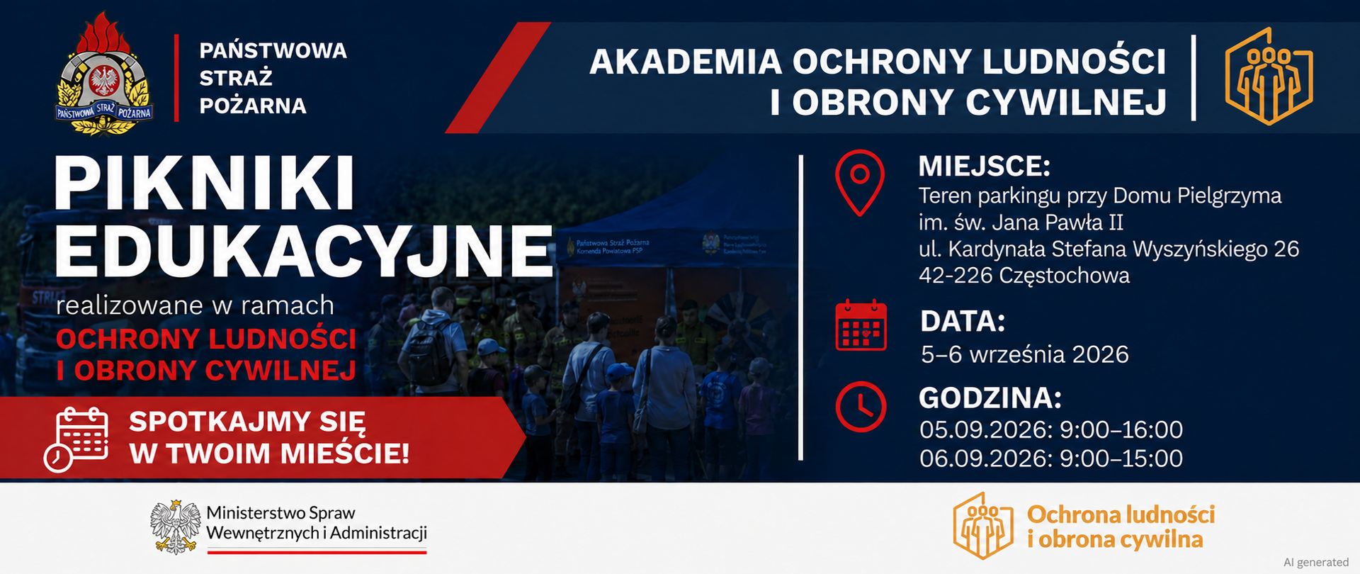 Poziomy, granatowy baner Państwowej Straży Pożarnej promujący Pikniki Edukacyjne realizowane w ramach ochrony ludności i obrony cywilnej. Po lewej stronie znajduje się zdjęcie uczestników stoiska edukacyjnego oraz hasło „Spotkajmy się w Twoim mieście!”. Po prawej podano miejsce wydarzenia: teren parkingu przy Domu Pielgrzyma im. św. Jana Pawła II, ul. Kardynała Stefana Wyszyńskiego 26, 42-226 Częstochowa. Wydarzenie odbędzie się 5 września 2026 roku w godzinach 9:00–16:00 oraz 6 września 2026 roku w godzinach 9:00–15:00. Na banerze umieszczono znaki Państwowej Straży Pożarnej, Akademii Ochrony Ludności i Obrony Cywilnej oraz Ministerstwa Spraw Wewnętrznych i Administracji.