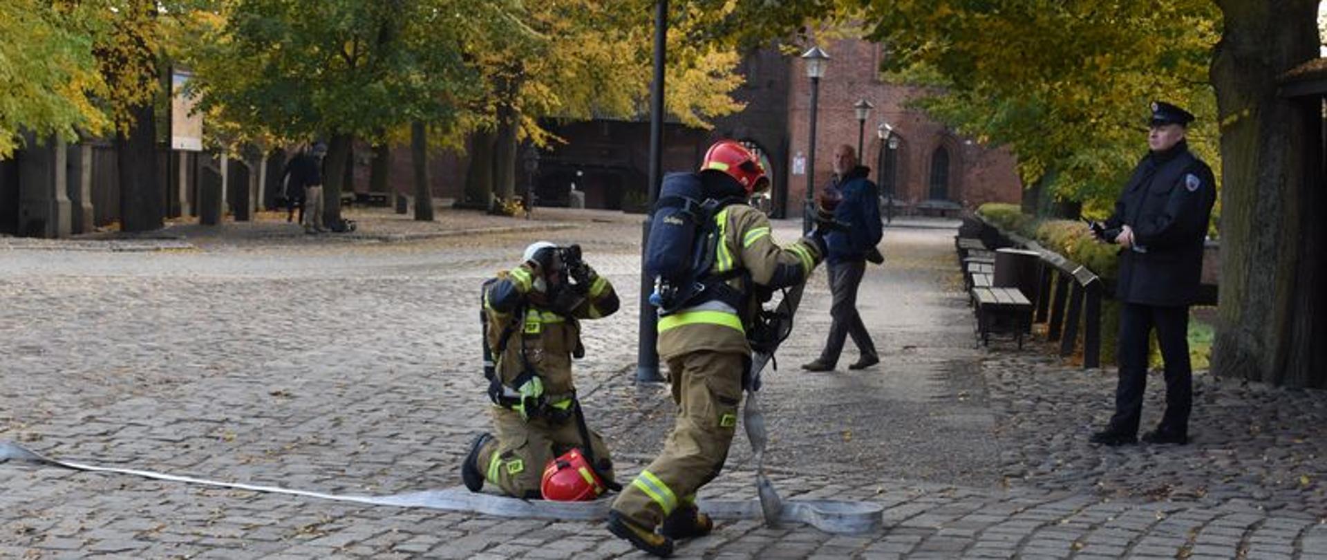 Fotografia przedstawia strażaków przygotowujących się do wejścia do zamku