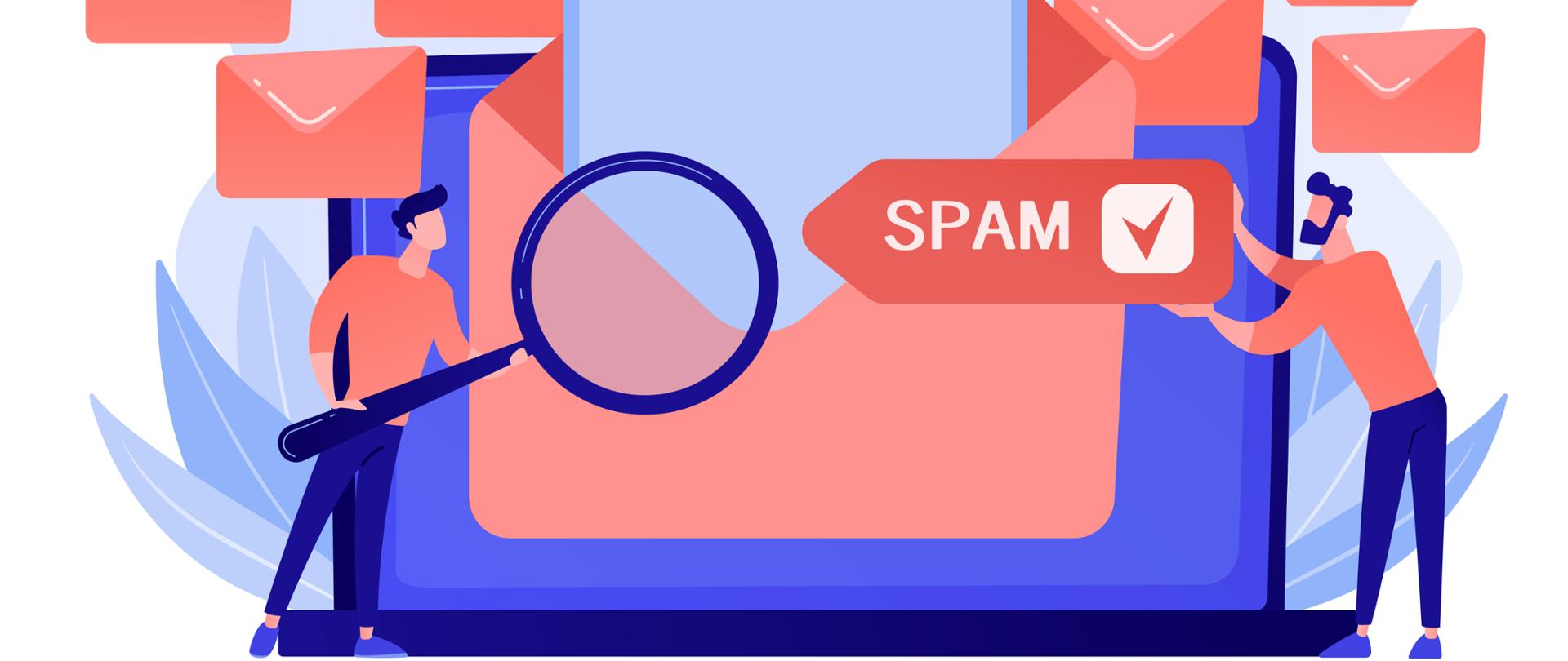 Businessmen get advertising, phishing, spreading malware irrelevant unsolicited spam message. Spam, unsolicited messages, malware spreading concept. Pinkish coral bluevector isolated illustration