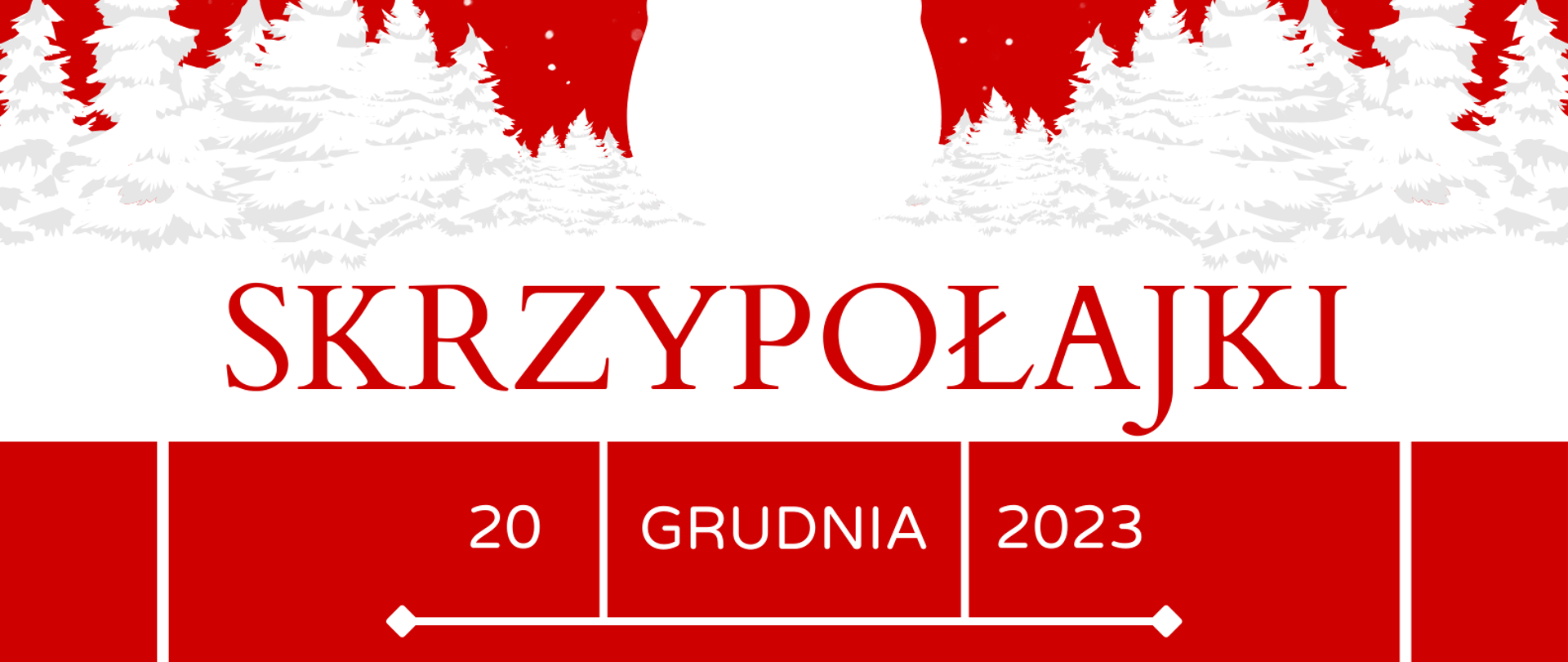 Plakat na czerwonym tle z logo szkoły, ikoną skrzypiec w kolorze białym i informacją o koncercie w dniu 22 grudnia o godz. 16.30 w sali koncertowej