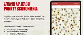 Grafika informacyjna o aplikacji „Punkty Schronienia” z mapą schronów wyświetloną na ekranie tabletu oraz opisem funkcji wyszukiwania najbliższych obiektów ochronnych.