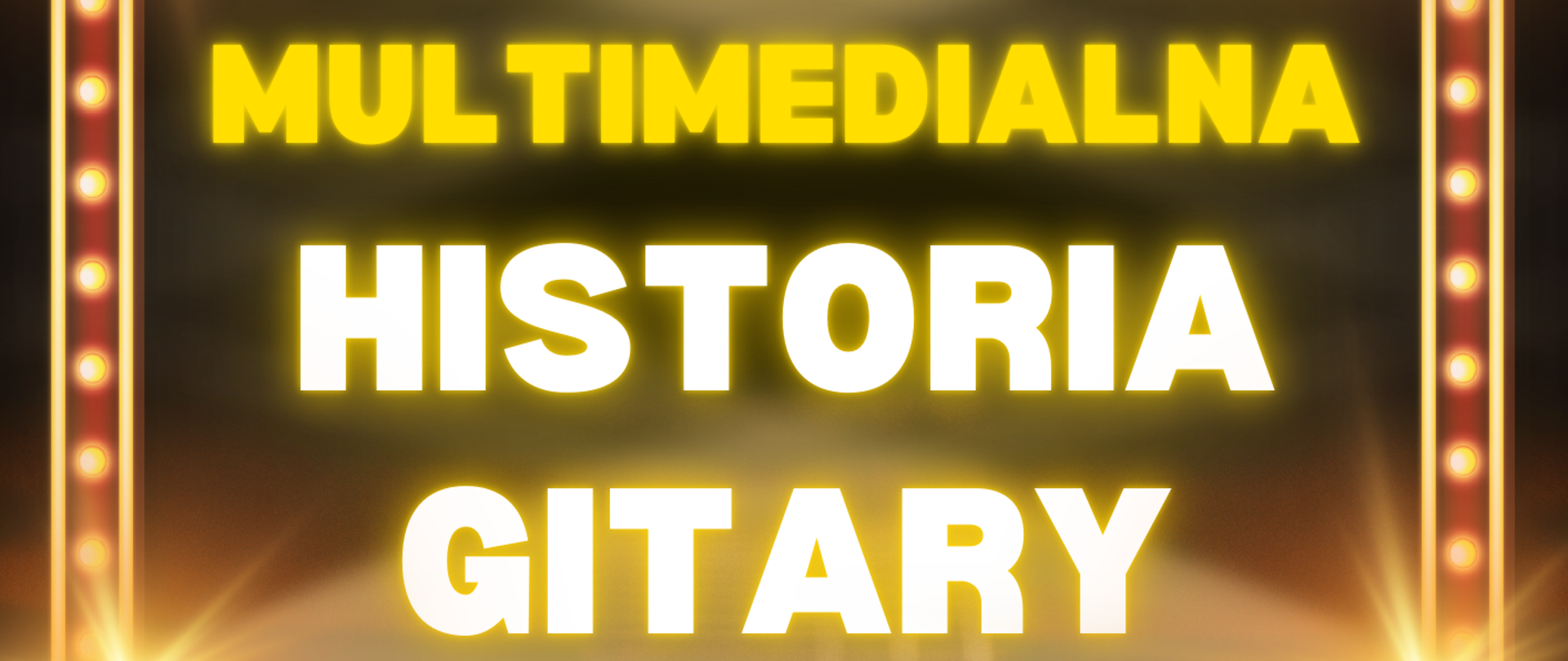 Plakat z czarnym tłem, przedstawiający gryf gitary klasycznej, a za nim stylizowane na retro lustro garderoby modernistycznej, podświetlane na ramce czerwonej. W ramce znajdują się napisy: "Prelekcja multimedialna - historia gitary", natomiast za ramką, przy gryfie kolejne napisy: "Prowadzenie - mgr Sebastian Środa, mgr Bartłomiej Filipowicz", na środku na dole w ramce napis: "24 luty 2026 roku, godz. 17.00, aula szkoły".