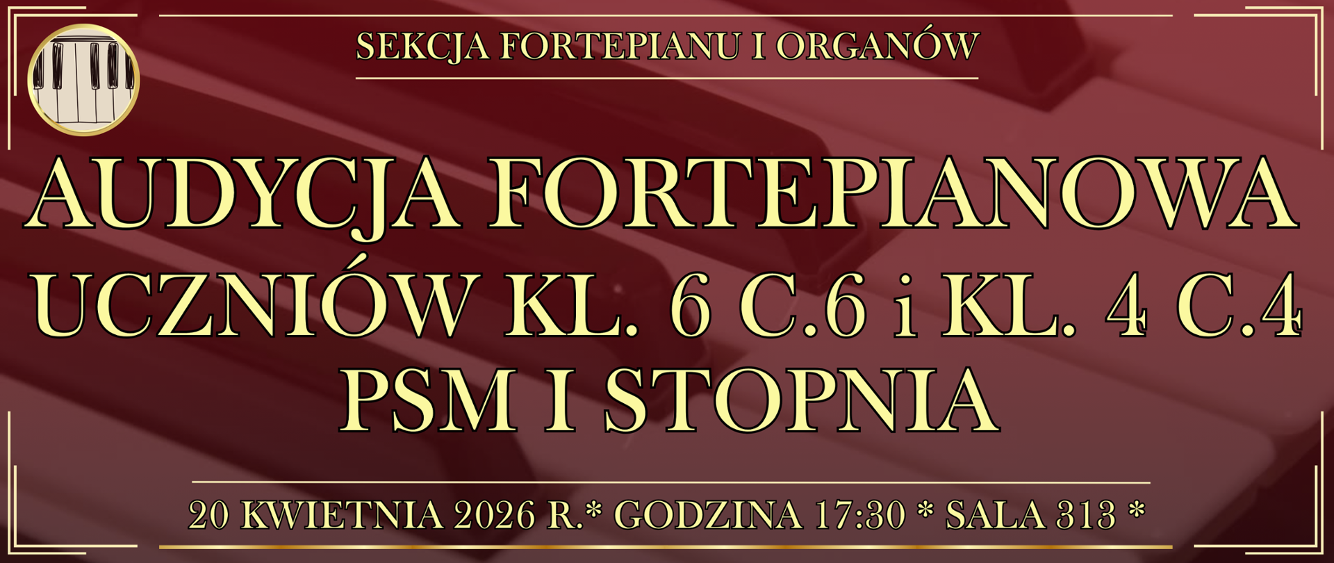 baner w tle klawiatura fortepianu oraz informacja o wydarzeniu