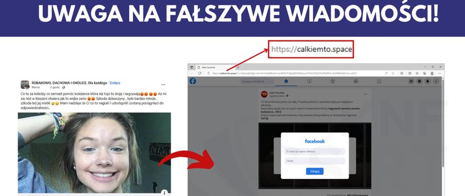 Zdjęcie fałszywego posta na Facebooku ze zdjęciem młodej dziweczynki oraz fałszywego panelu logowania na FB