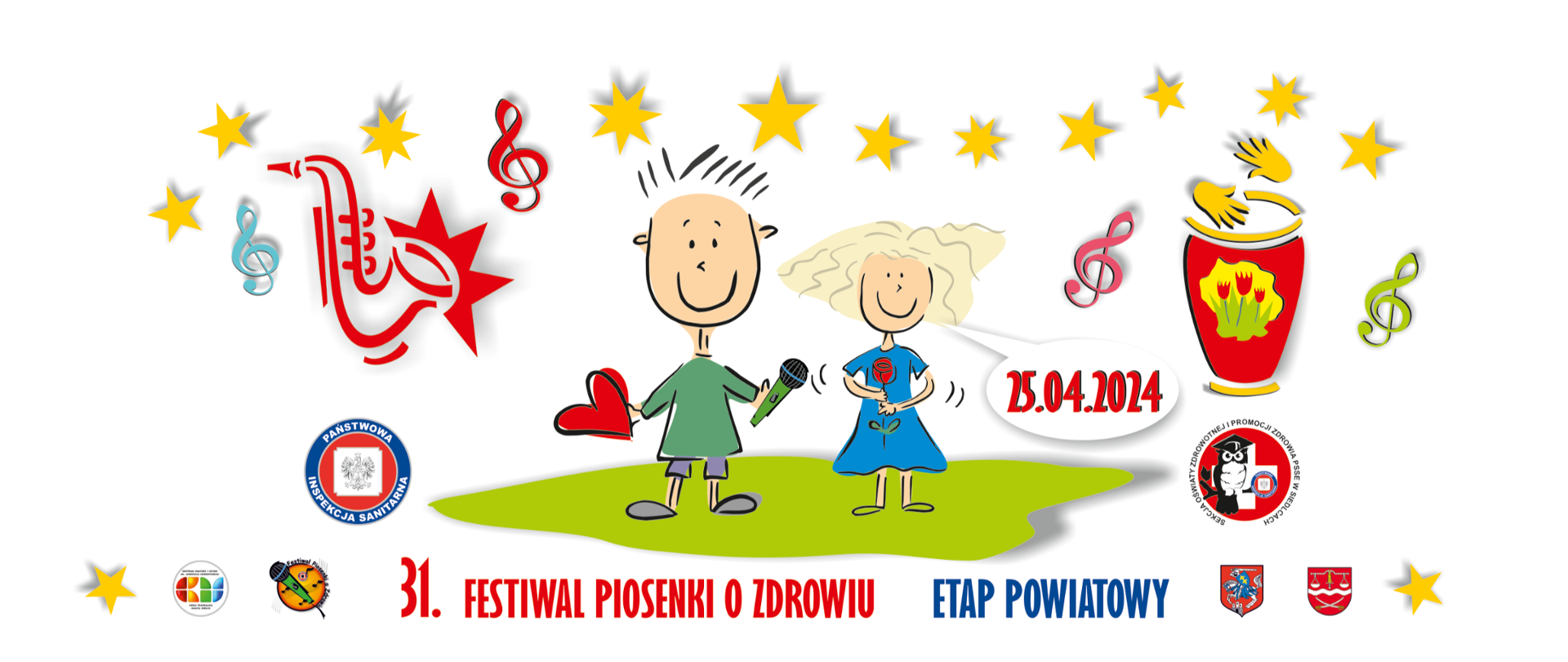 Rysunek z dziećmi na trawie, wokół gwiazdki i klucze wiolinowe i napis 31. Festiwal Piosenki o Zdrowiu 