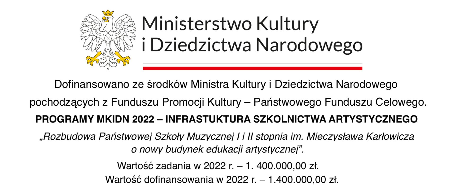 Grafika przedstawiająca dofinansowanie z programu Ministra Kultury i Dziedzictwa Narodowego. Czarny tekst dofinansowania na białym tle, u góry logo Ministerstwa Kultury i dziedzictwa Narodowego.