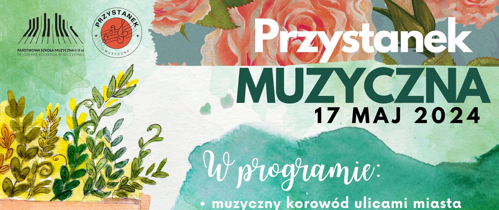 plakat zachowany jest w zielonej kolorystyce. Od dołu lewej
strony pojawia się połowa pianina, z którego wyrastają zielone liście w
różnych kształtach i odcieniach. Powyżej grafiki widnieją loga -
Państwowej Szkoły Muzycznej I i II stopnia im. Oskara Kolberga w
Szczecinku oraz Przystanku Muzyczna. U góry plakatu rozciąga się pasek
imitujący niebieską taśmę klejącą z akwarelowymi różowo-czerwonymi
różami. Na taśmie, jak i poniżej znajduję się tekst dotyczący
organizacji wydarzenia.