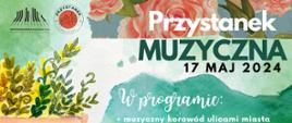 plakat zachowany jest w zielonej kolorystyce. Od dołu lewej
strony pojawia się połowa pianina, z którego wyrastają zielone liście w
różnych kształtach i odcieniach. Powyżej grafiki widnieją loga -
Państwowej Szkoły Muzycznej I i II stopnia im. Oskara Kolberga w
Szczecinku oraz Przystanku Muzyczna. U góry plakatu rozciąga się pasek
imitujący niebieską taśmę klejącą z akwarelowymi różowo-czerwonymi
różami. Na taśmie, jak i poniżej znajduję się tekst dotyczący
organizacji wydarzenia.