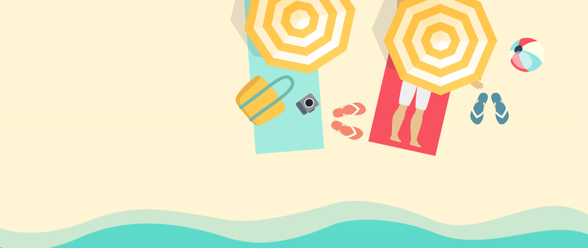 Grafika przedstawia sylwetkę człowieka na ręczniku pod parasolem na plaży. W pobliży leżą klapki piłka, aparat fotograficzny i torebka.