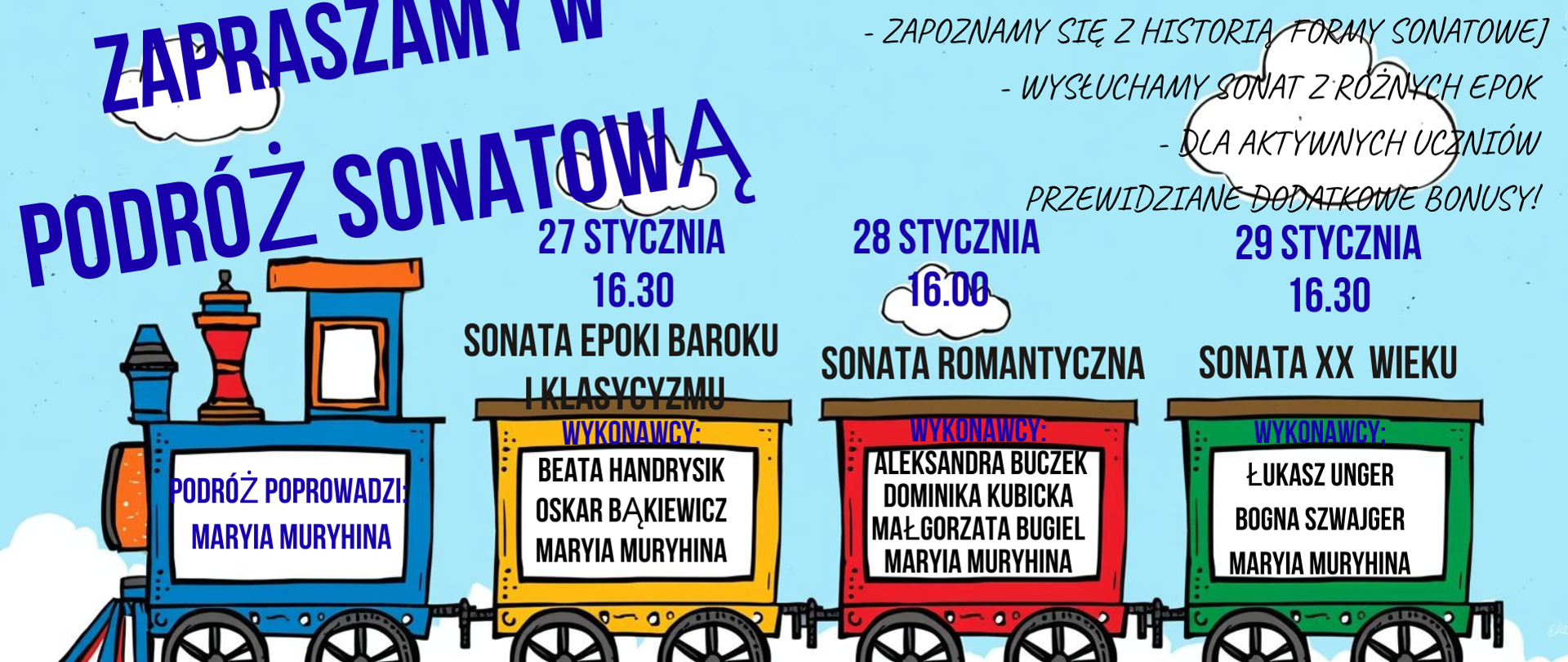 Ilustracyjny plakat w jasnej, pastelowej kolorystyce przedstawiający kolorowy pociąg z kilkoma wagonami na torach. Każdy wagon ma inny kolor i zawiera tekst, a całość utrzymana jest w rysunkowym, lekko bajkowym stylu z chmurkami, prostymi kształtami i wyraźnymi konturami.