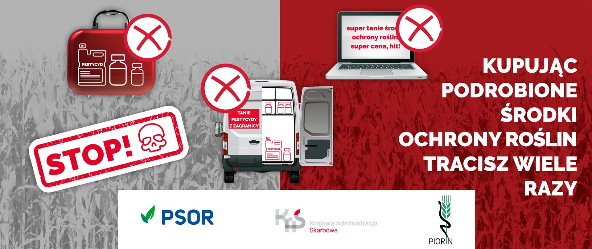 Grafika z samochodem dostawczym, kanistrem, komputerem i hasłem Stop! Podrobione środki ochrony roślin tracisz wiele razy.