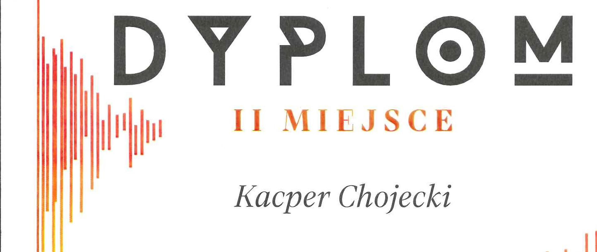 Dyplom dla Kacpra Chojeckiego za zajęcie drugiego miejsca w Ogólnopolskim Konkursie Instrumentalnym Rezonans.