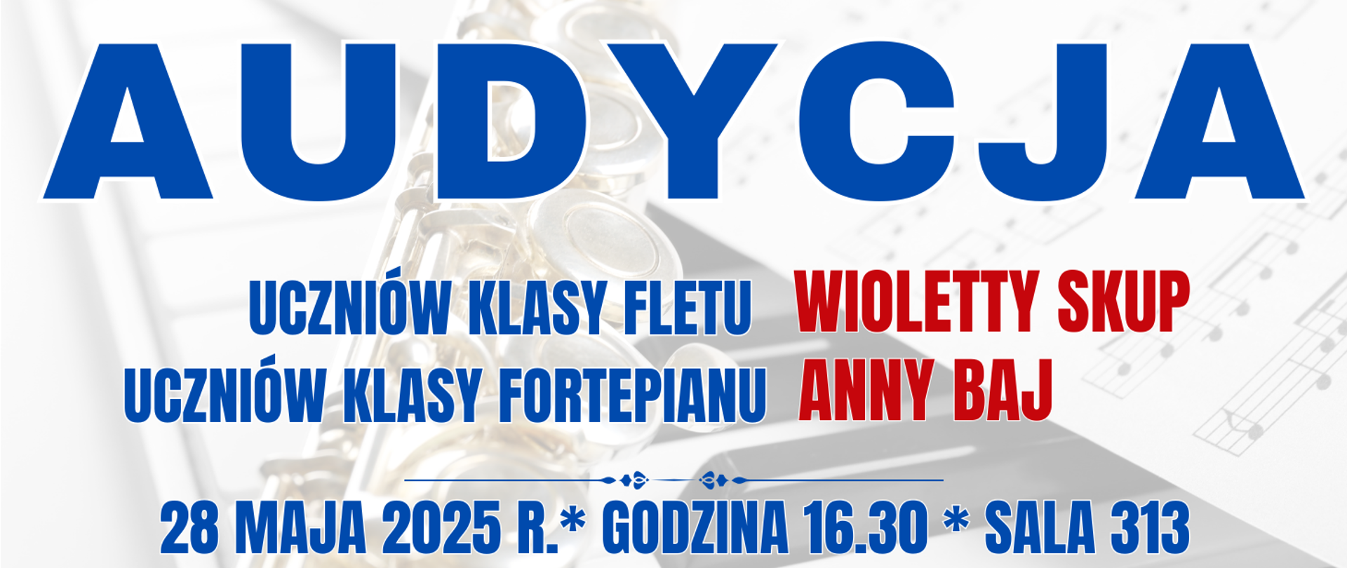 baner z półprzezroczystym fletem poprzecznym leżącym na klawiaturze fortepianu i nutach oraz informacja o wydarzeniu