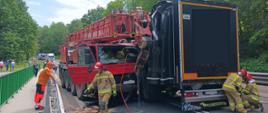 Kabina dźwigu kołowego jest częściowo wbita w przyczepę ciężarówki, strażacy prowadzą działania