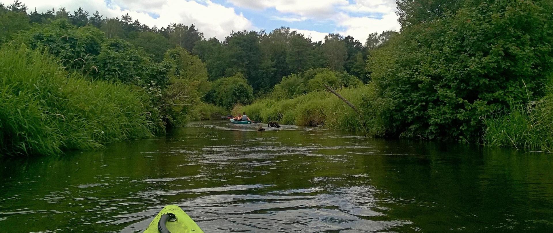 Widok na rzekę z kajaku. Na brzegach widoczne drzewa. W oddali widać ludzi na kajakach.