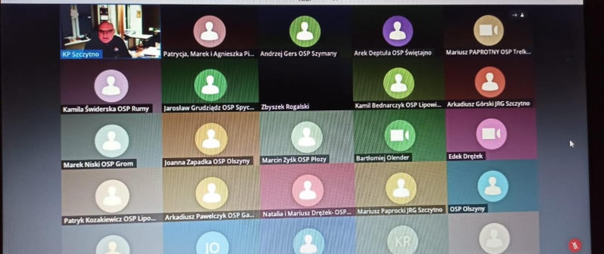 Zdjęcie przedstawia zrzut ekranu z przeprowadzonego szkolenia online dla OSP z powiatu szczycieńskiego oraz pracowników KP PSP w Szczytnie dot bezpieczeństwa