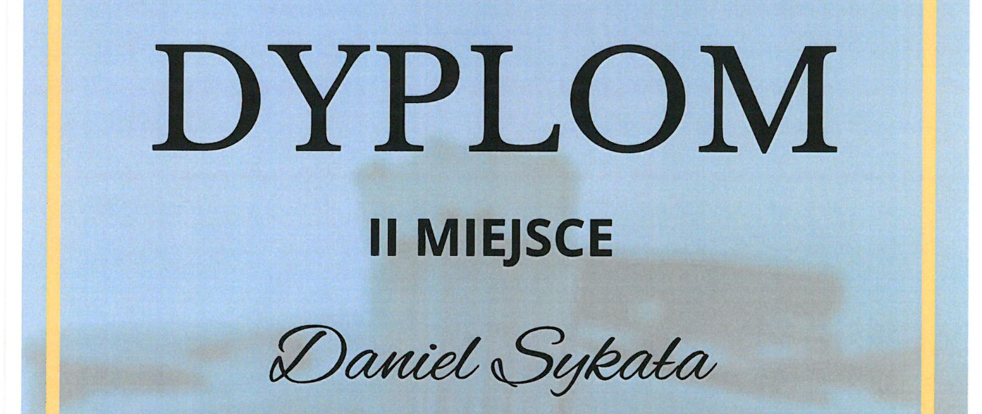 Dyplom dla Daniela Sykały z klasy skrzypiec pani Katarzyny Kołodziejskiej - Wierzejewskiej za zdobycie II miejsca w VII Żarskich Spotkaniach Smyczkowych.