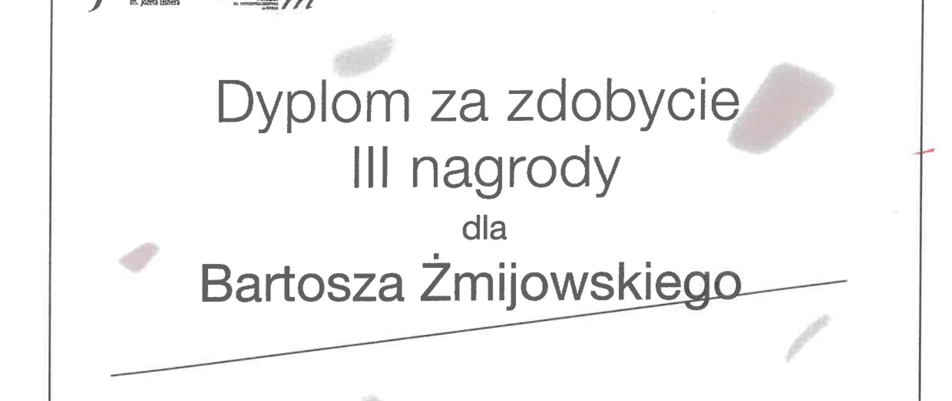 Dyplom za zdobycie III nagrody dla Bartosza Żmijowskiego. I Konkurs Muzyki Polskiej im. Józefa Elsnera. w Opolu.