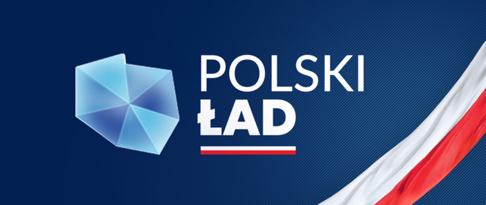 „Logo Polski Ład z heksagonem, napisem i biało-czerwoną wstęgą na niebieskim tle.”