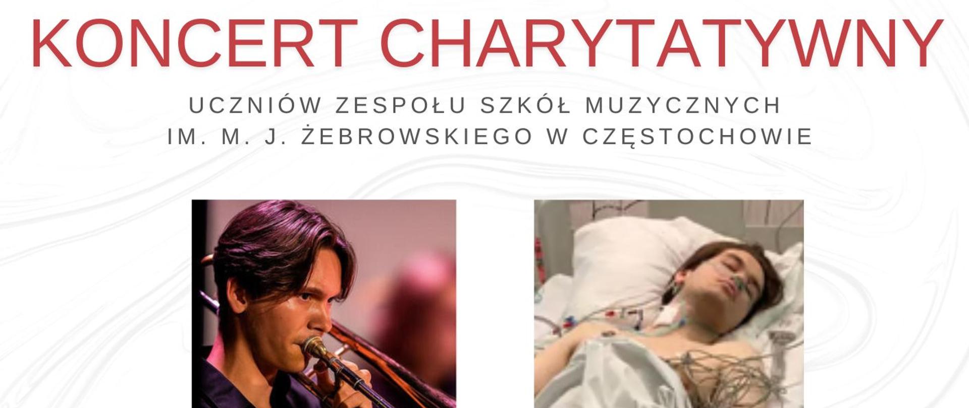 Białe tło, zdjęcie Piotra - studenta UMFC, tekst dotyczący koncertu charytatywnego na rzecz pomocy po wypadku Piotra, 19.11.2025 o godz. 18.00