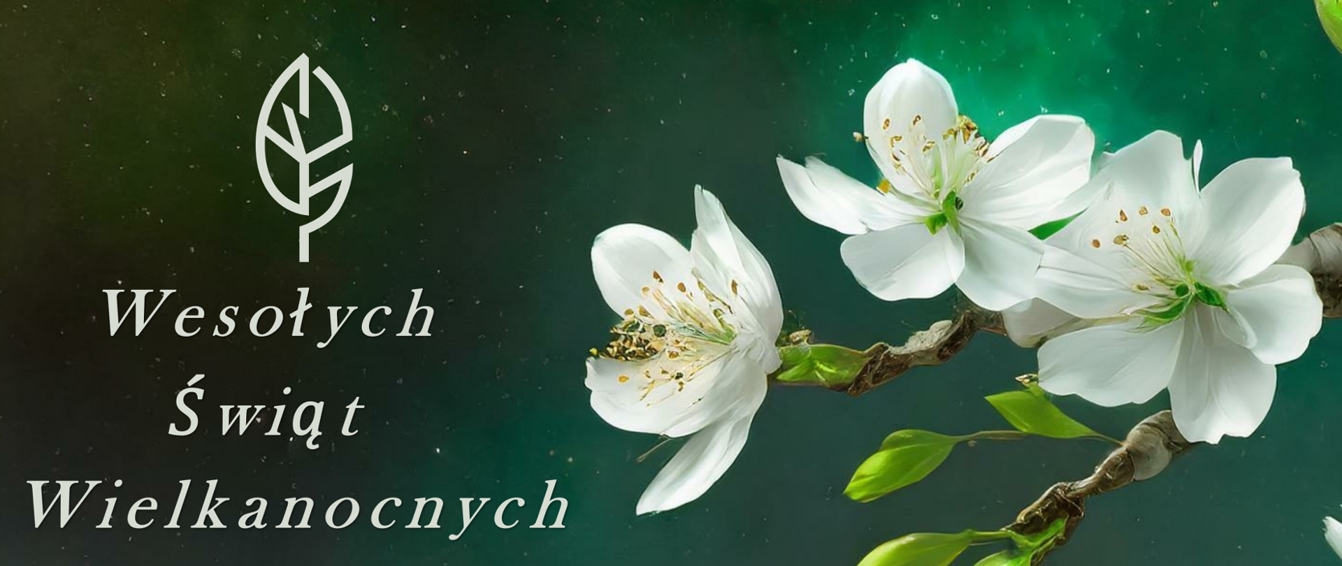 Na gałązce z białymi kwiatami wiszą trzy jajka: jedno zielono złote i dwa biało złote oraz napis: Wesołych Świąt Wielkanocnych życzą Dyrekcja i Pracownicy Regionalnej Dyrekcji Ochrony Środowiska w Bydgoszczy