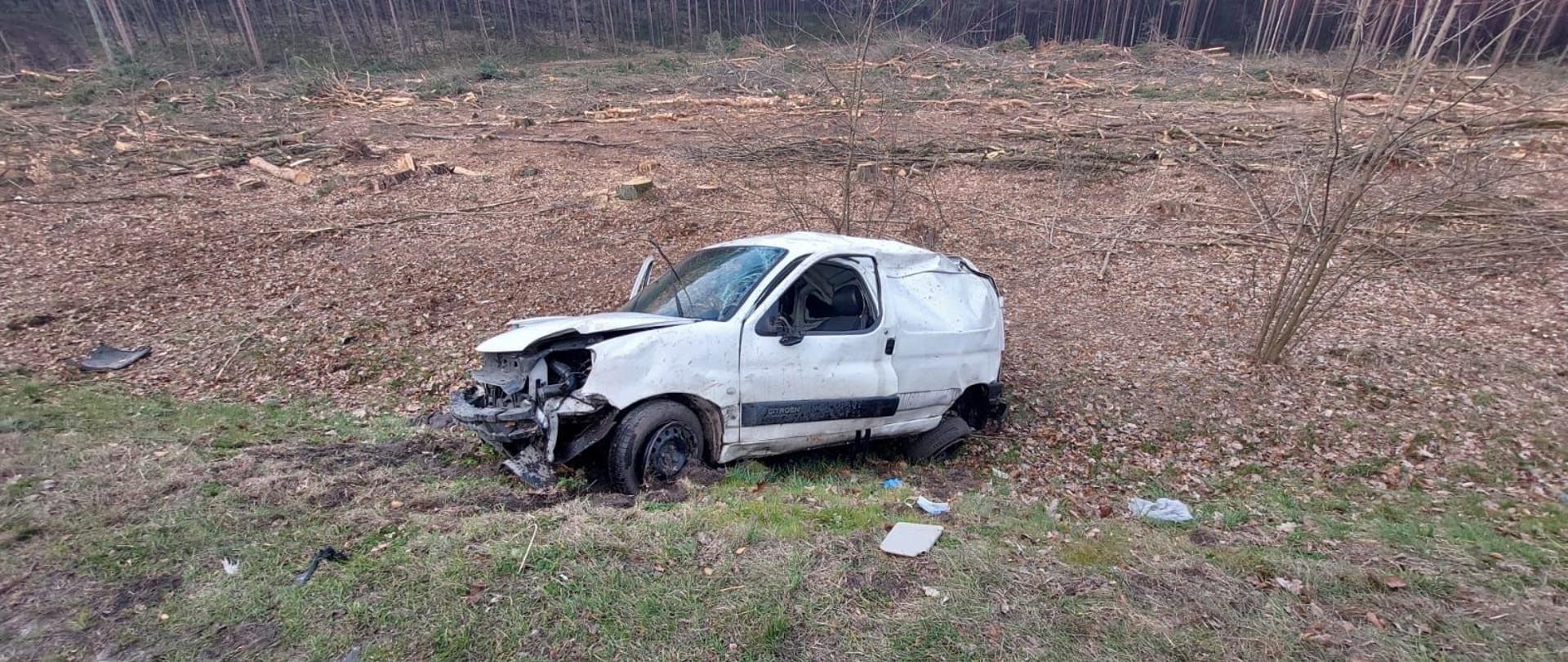 Rozbity samochód na poboczu drogi.