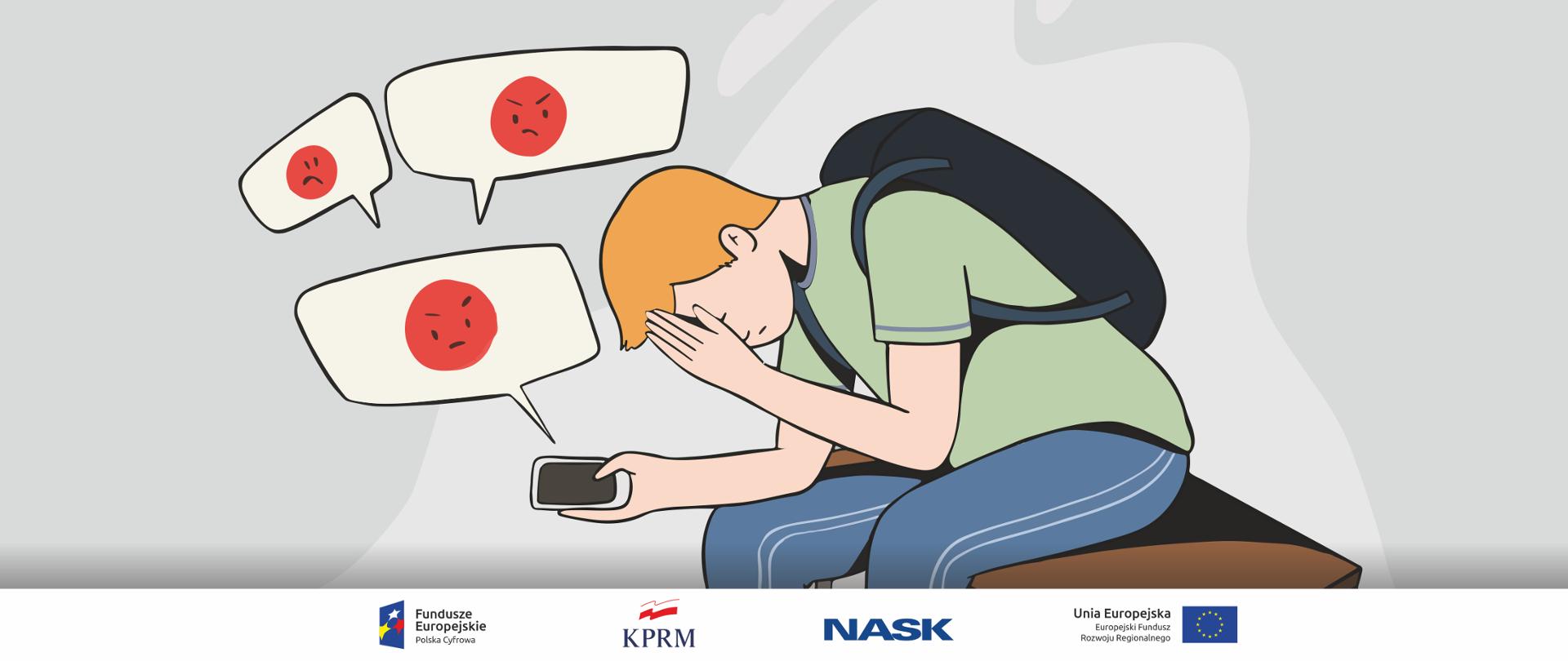 Kolorowa grafika wektorowa - młody chłopak z plecakiem siedzi smutny na ławce, jedną ręką łapie się za głowę, w drugiej - trzyma telefon komórkowy. Wokół telefony chmurki symbolizujące nadchodzące wiadomości, w nich czerwone groźne emotikony.