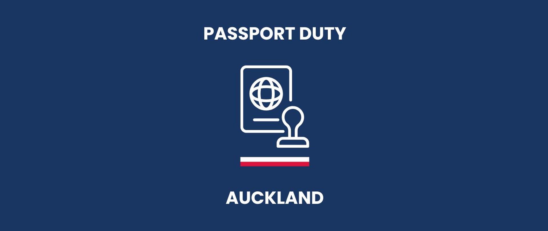 banner saying passport duty in Auckland with a picture of a passsport and a stamp and a stripe in the colours of the Polish flag