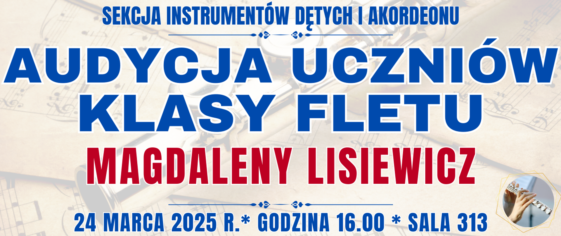 baner w tle półprzezroczysty flet poprzeczny na nutach oraz informacja o wydarzeniu