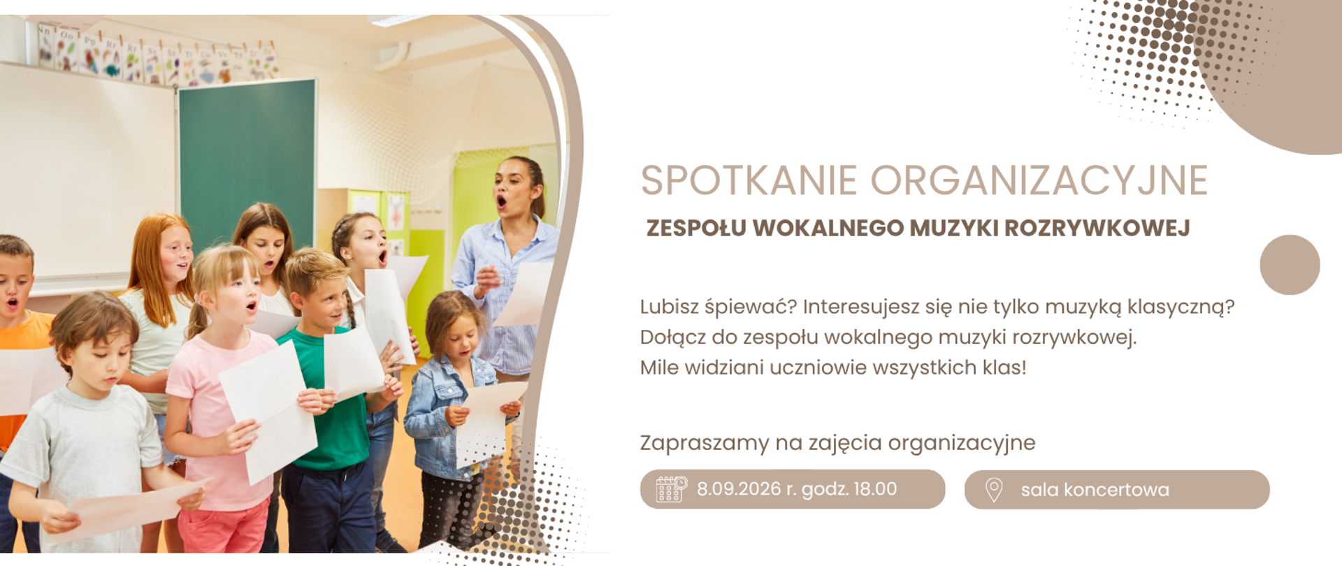 Baner składający się z 2 części: po lewej stronie zdjęcie śpiewających dzieci, po prawej szczegóły dotyczące zajęć
