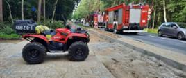 Zdjęcie przedstawia quada straży pożarnej na chodniku oraz wozy straży pożarnej na drodze w lesie.